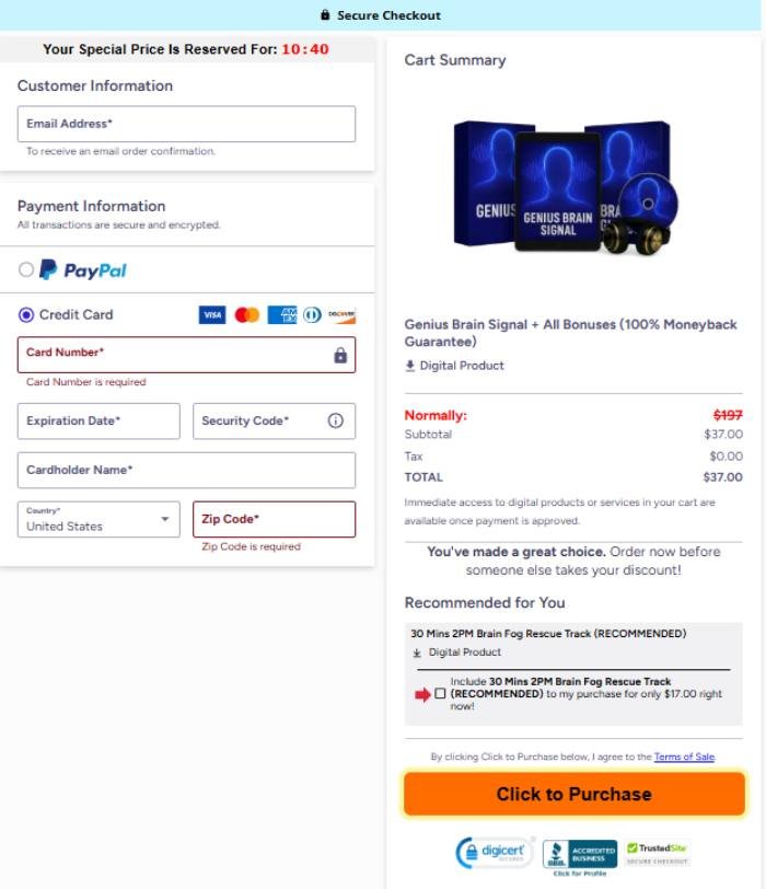 Secure checkout for Genius Brain Signal purchase